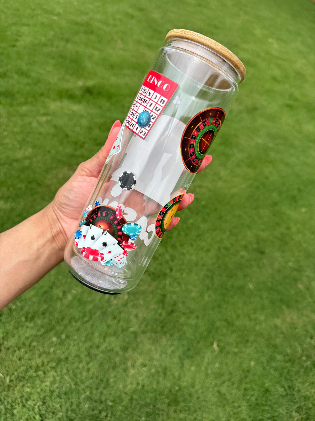 20oz Glass Cup casino transparent  with Wooden Lid – Iced Coffee Tumbler