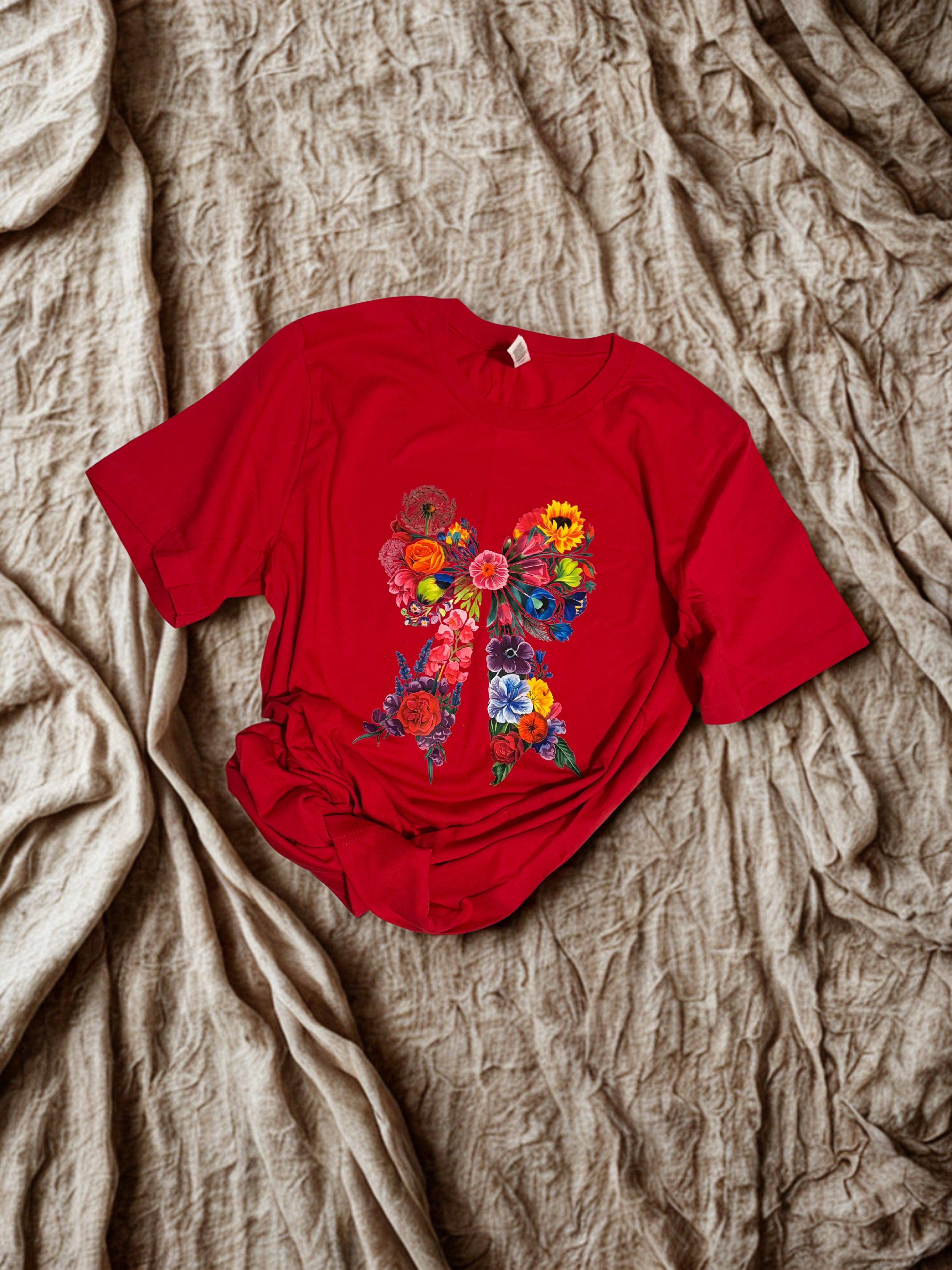 Medium Bella canva red tshirt with flower bow