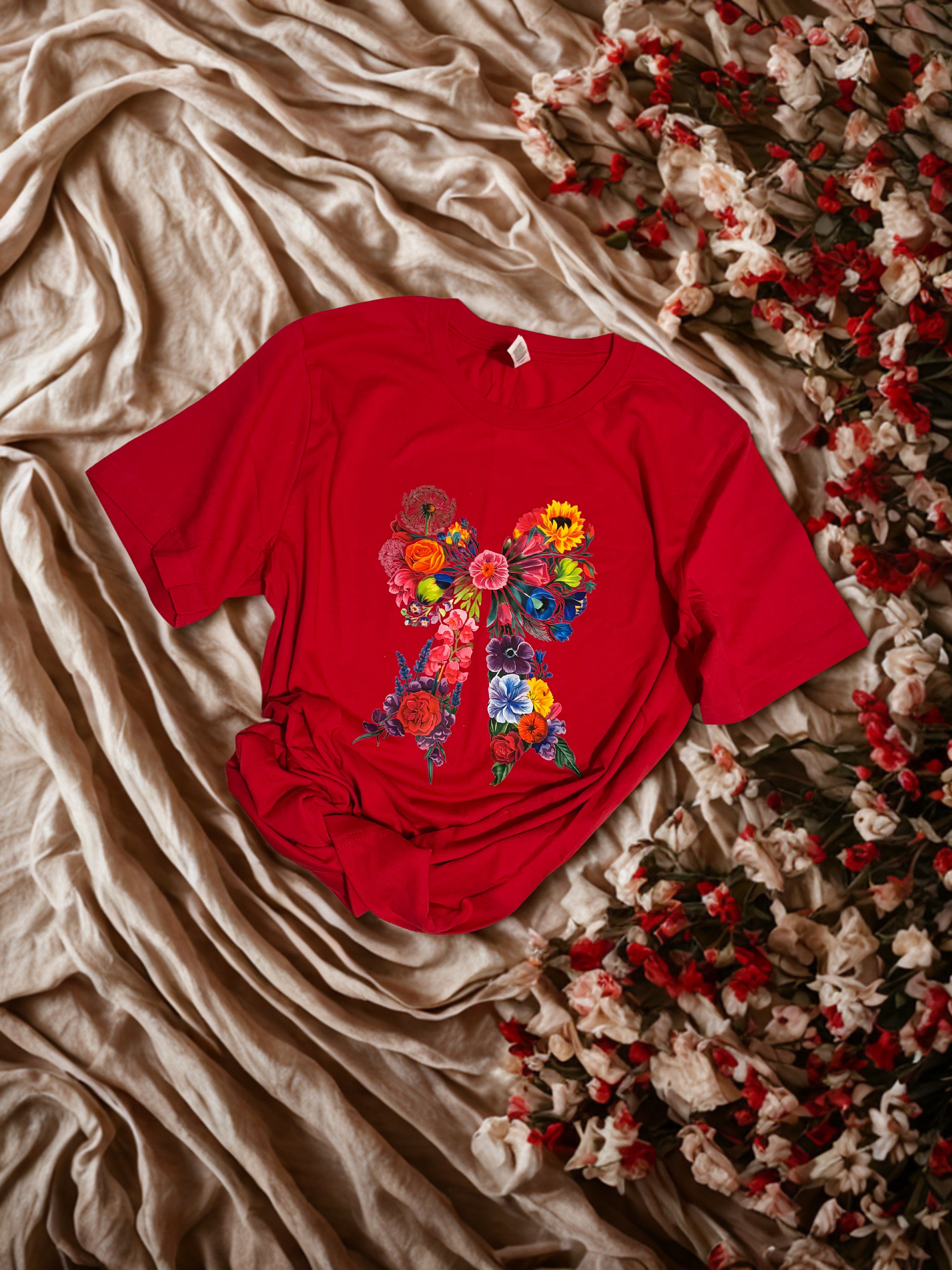 Medium Bella canva red tshirt with flower bow